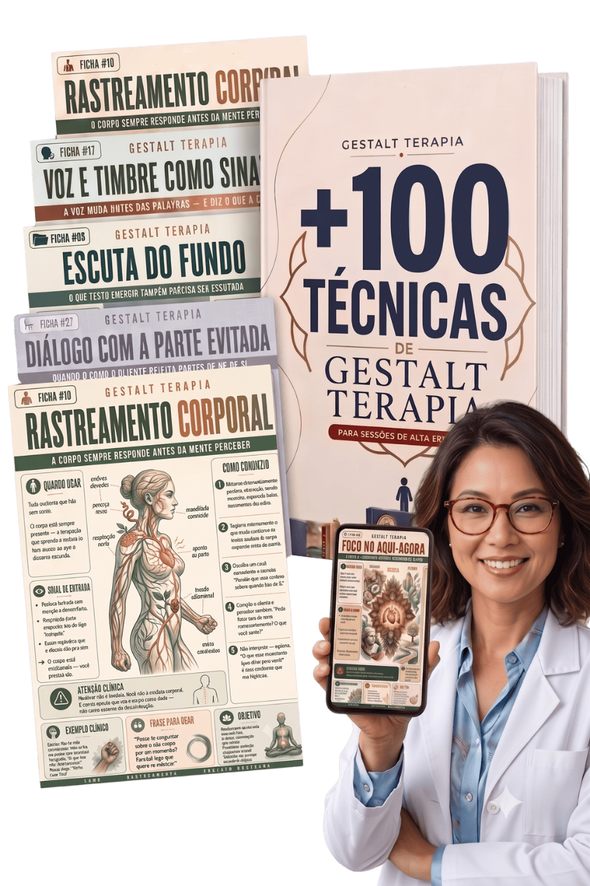 Mockup do material Gestalt Clínico Aplicado com fichas técnicas